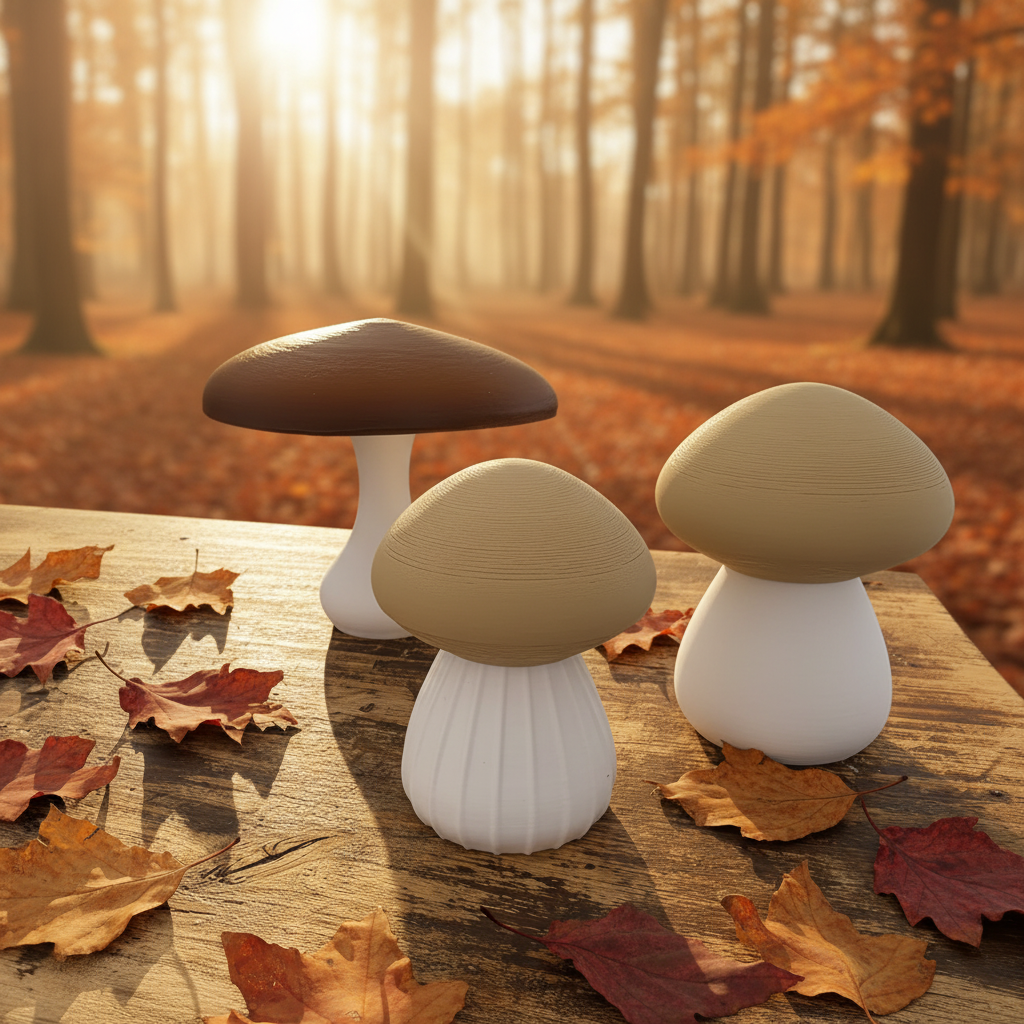 Set van drie 3D-geprinte decoratieve paddenstoelen in herfstsfeer op rustiek houten oppervlak