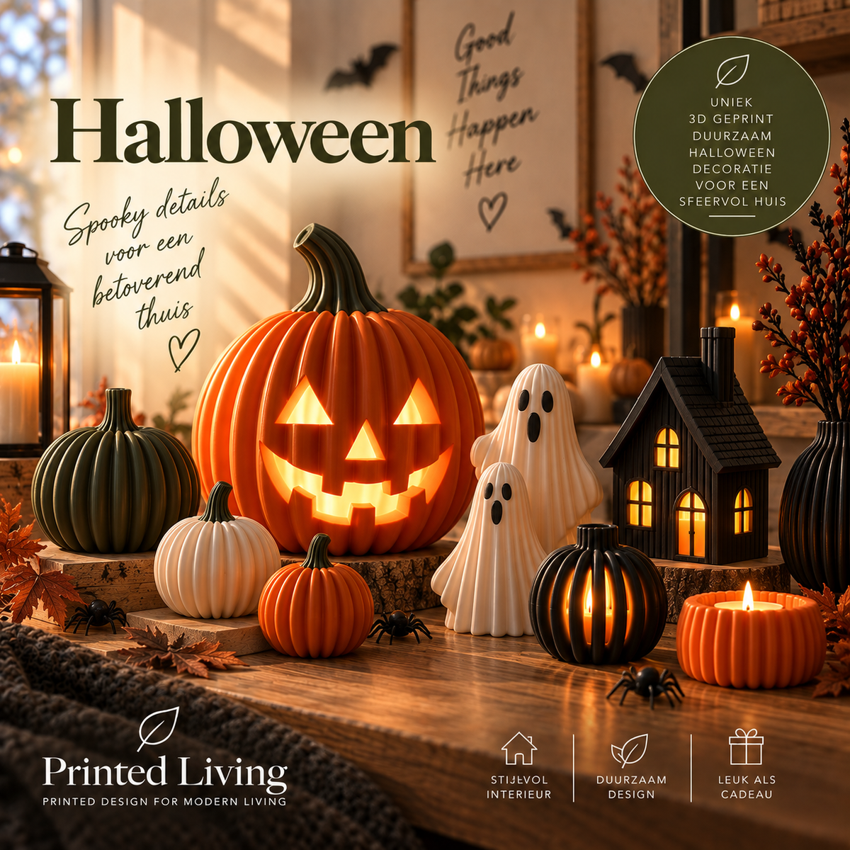 3D geprinte Jack-o'-lantern Halloween pompoen met LED kaars – productafbeelding