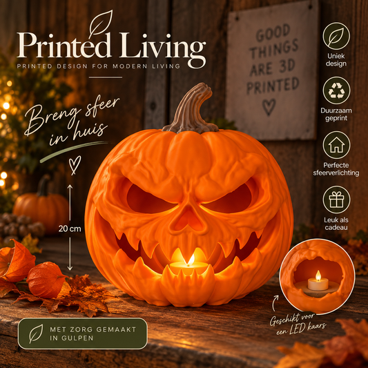 3D geprinte Jack-o'-lantern Halloween pompoen met LED kaars – productafbeelding