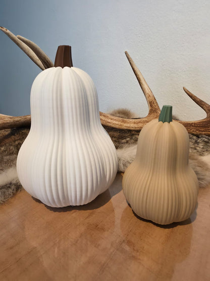 3D geprinte pompoenen decoratie – wit en beige, set van 2 met geweien op de achtergrond