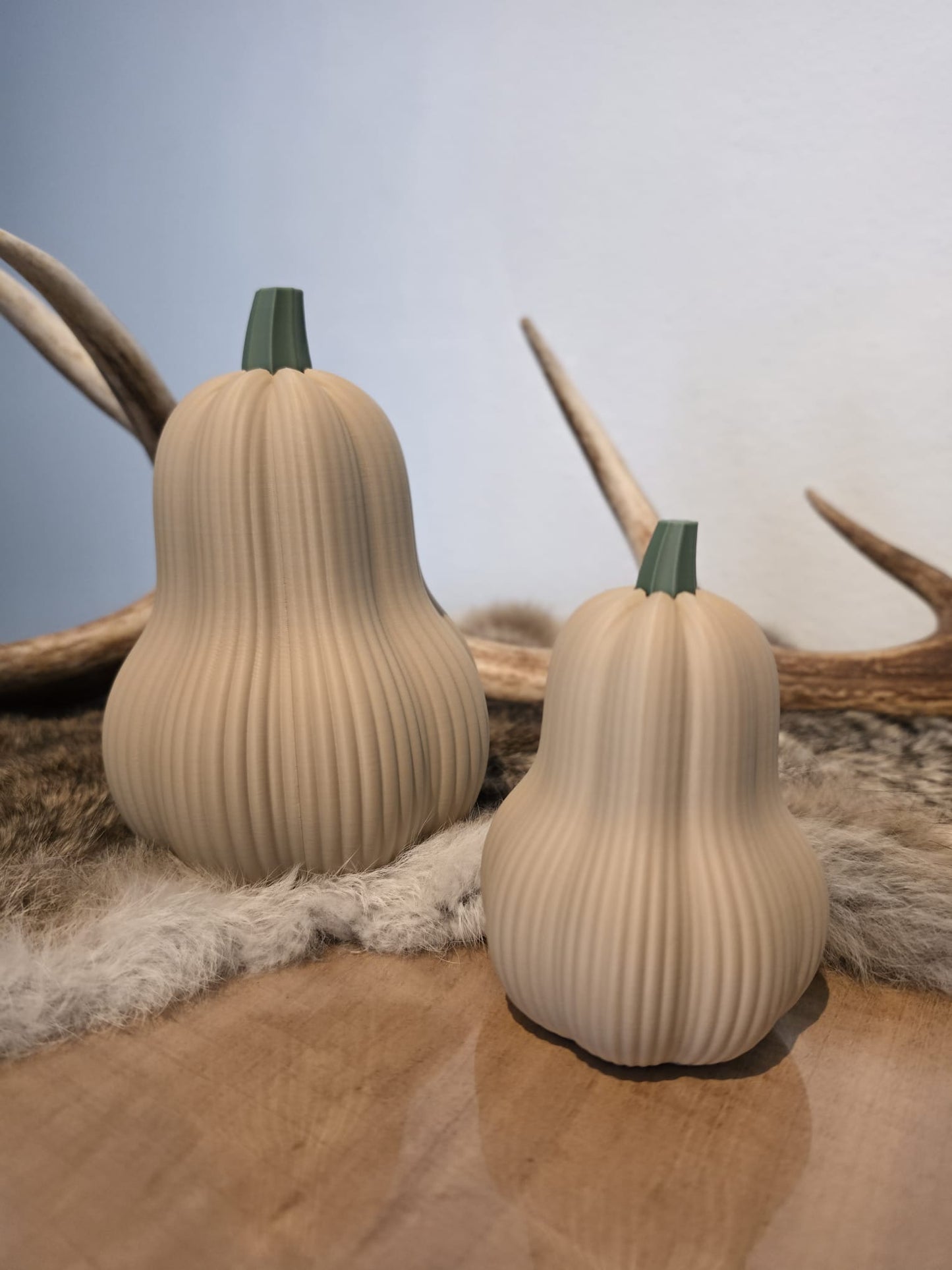 3D geprinte pompoen decoratie – beige set van 2 met groene steel en geweien op de achtergrond