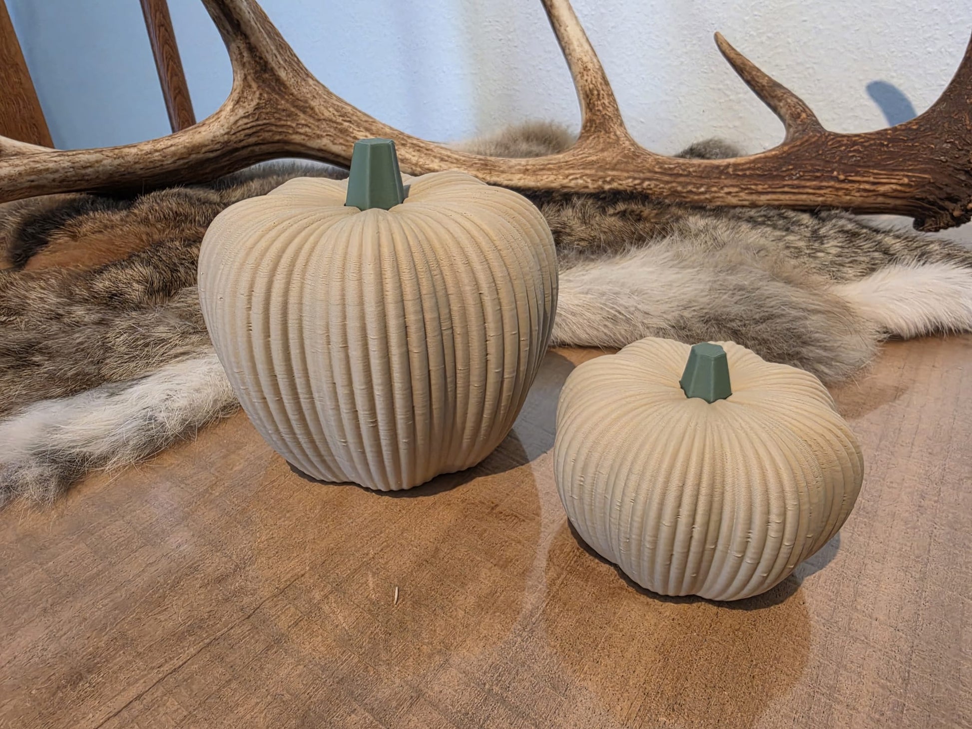 3D geprinte geribbelde pompoenen naturel close-up met gewei op achtergrond