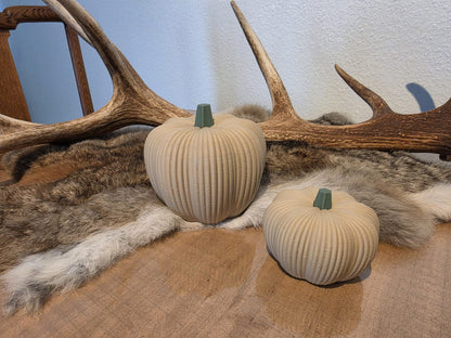 3D geprinte geribbelde pompoenen naturel op bont en hout met gewei