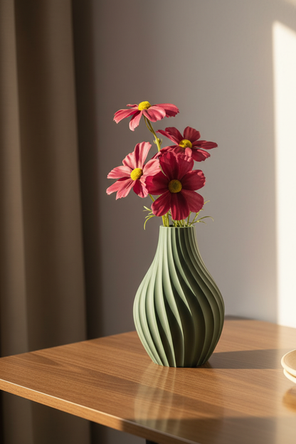 3D geprinte vaas salie groen met roze bloemen lifestyle foto